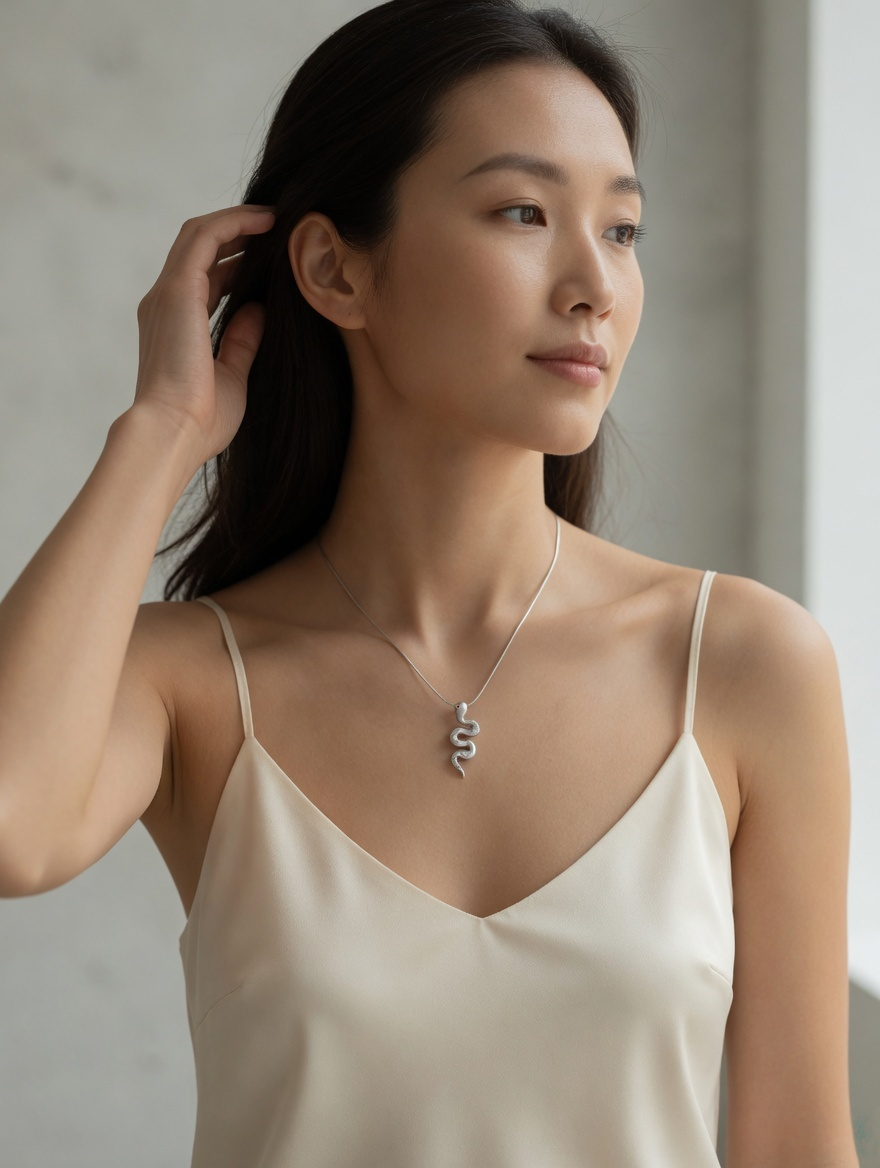 CARV. silver snake pendant necklace styled on neckline with textured snake charm