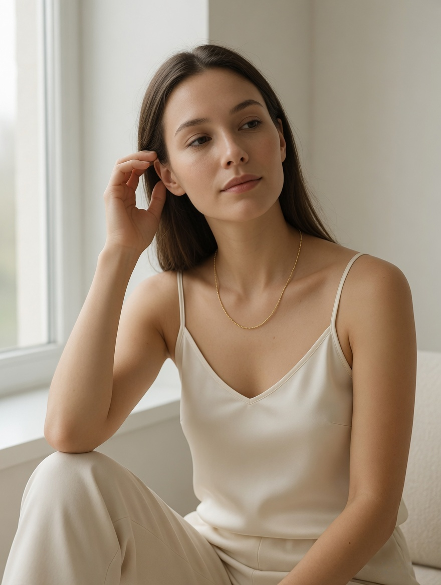 CARV. gold minimalist single chain necklace styled on neckline with delicate chain design