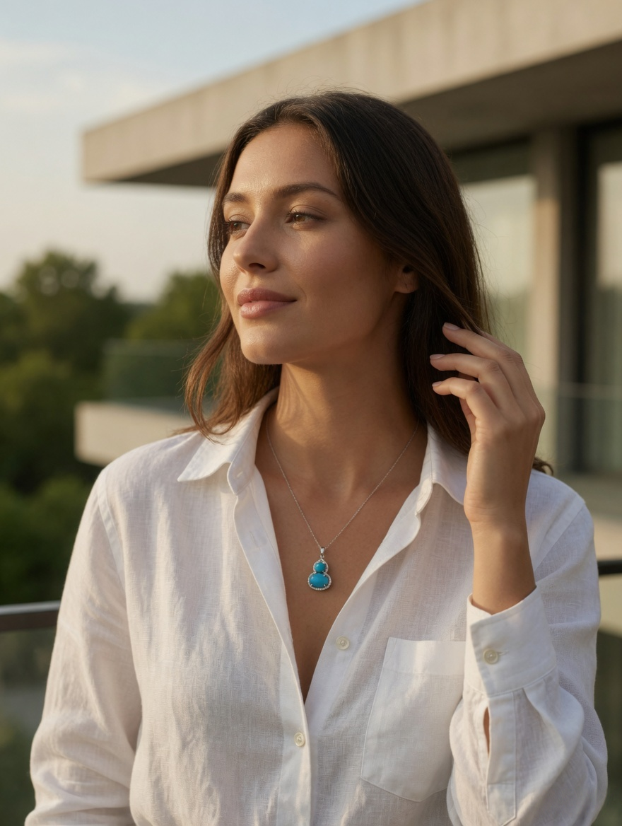 CARV. silver turquoise gourd pendant necklace shown on neckline with pavé halo detail