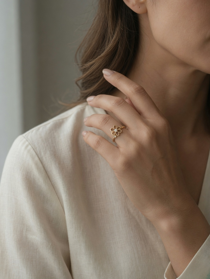 CARV. gold daisy flower ring with crystal center and open petal design worn on hand