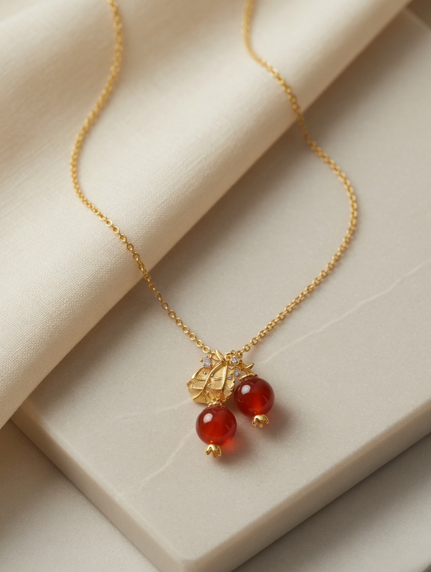 CARV. gold red berry pendant necklace with double red bead drops, leaf charm and clasp detail