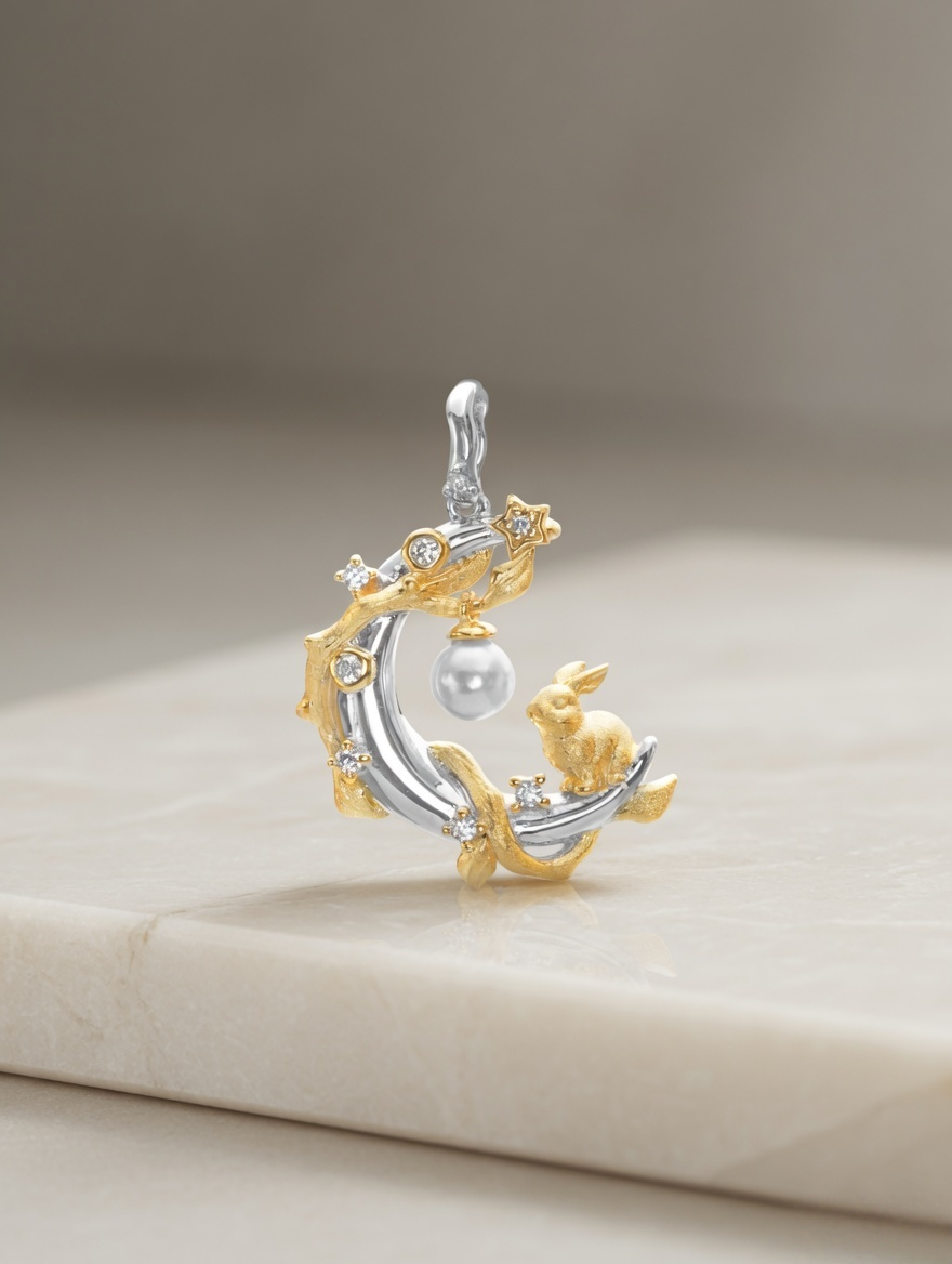 CARV. two-tone moon rabbit pearl pendant necklace with silver crescent moon, gold rabbit detail and pearl charm displayed on beige surface