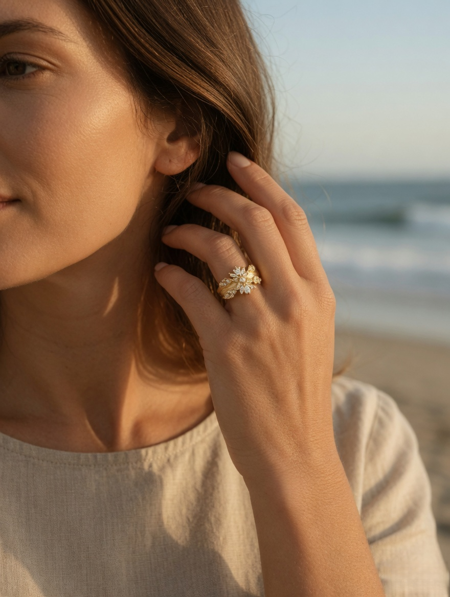CARV. gold floral statement ring with leaf detail and crystal cluster worn on hand