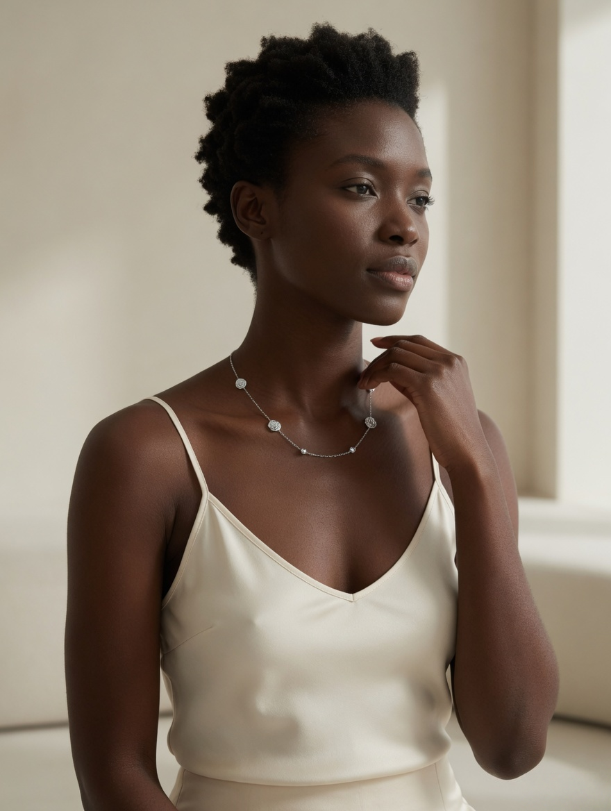 CARV. silver rose station necklace styled on neckline with spaced rose charms and polished bead accents