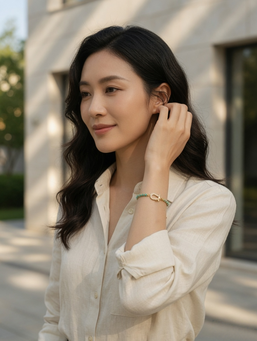 CARV. turquoise beaded bracelet with gold accent shown in a natural wrist-wearing view