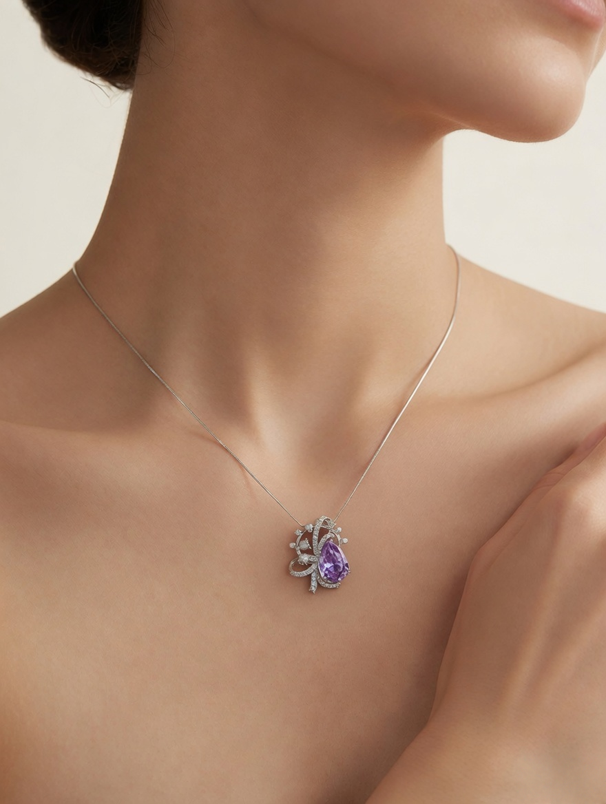 CARV. silver lavender bow pendant necklace with purple pear-cut stone worn at collarbone