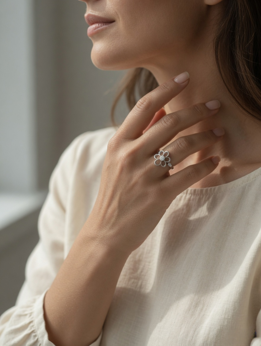 CARV. silver daisy flower ring with crystal center and open petal design worn on hand