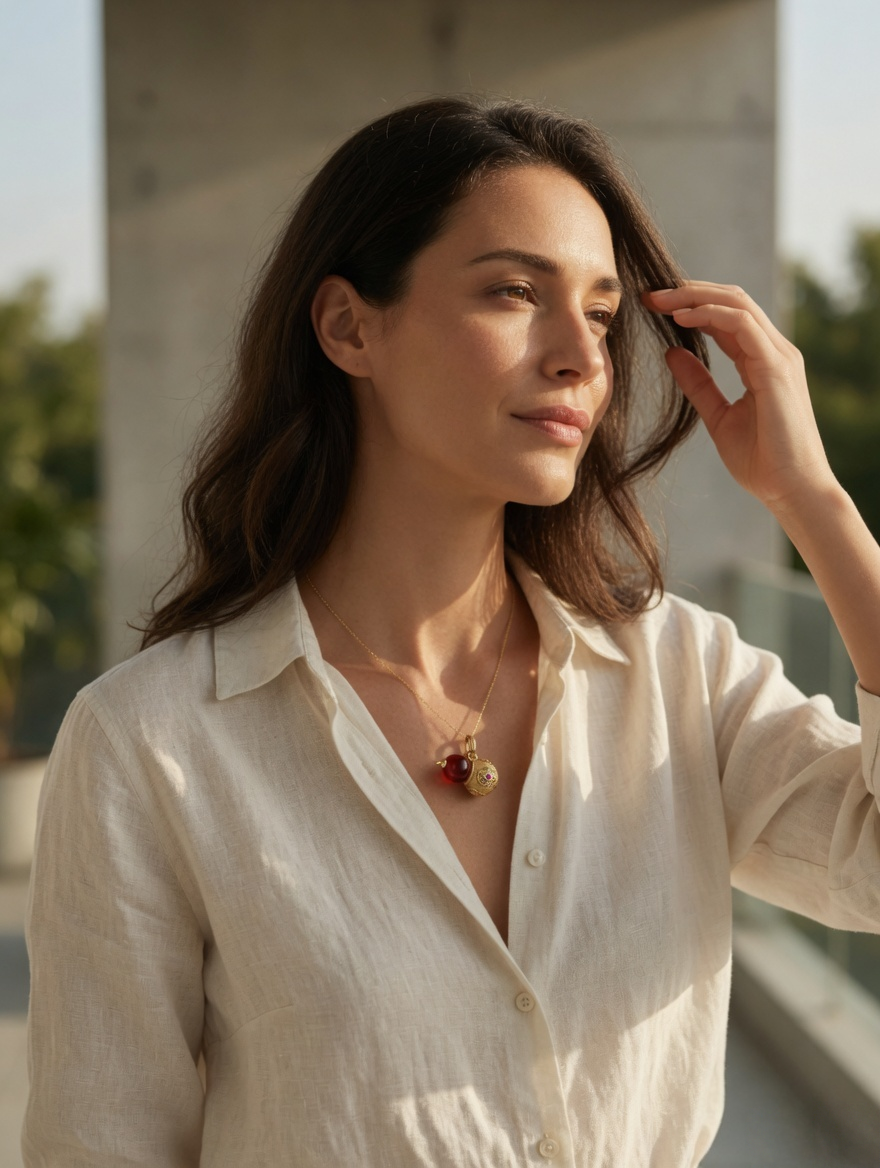 CARV. gold gourd pendant necklace with red bead and engraved round charm worn on neckline
