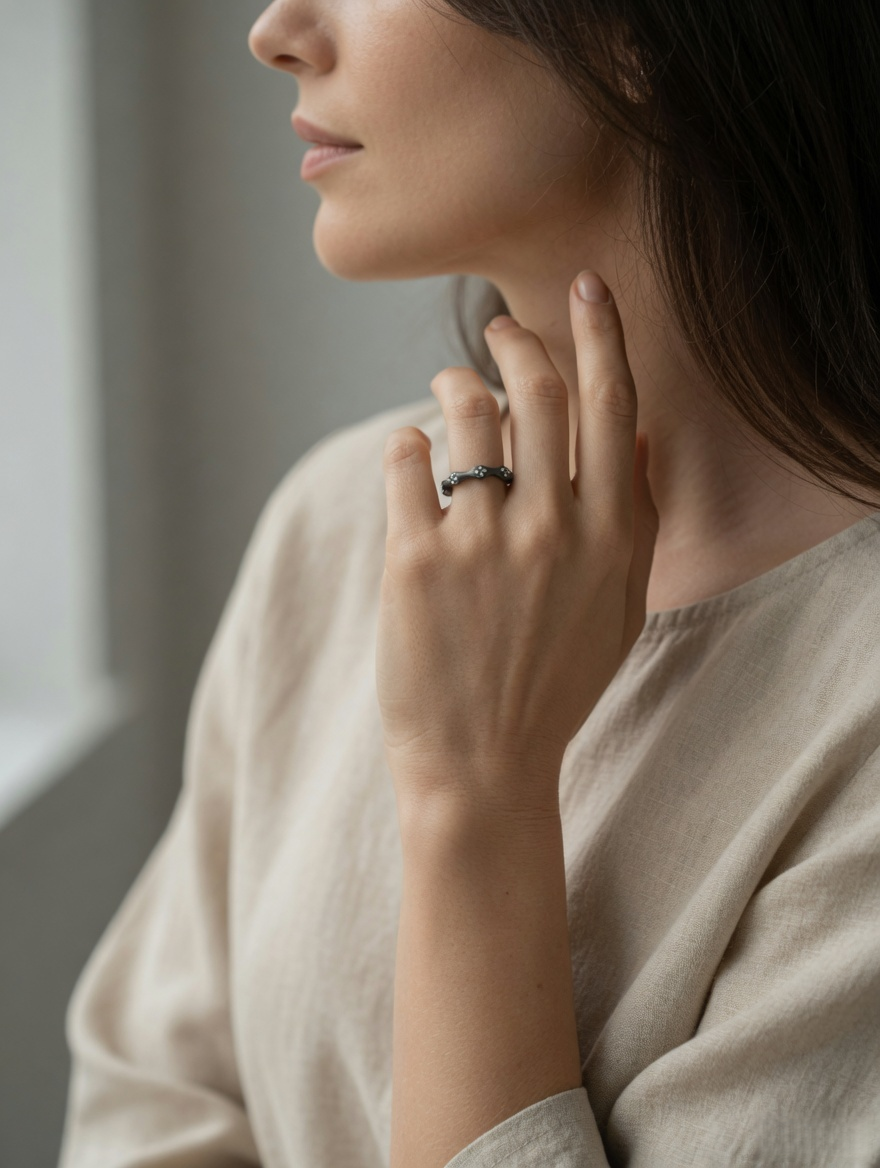 CARV. black flower ring worn on hand with dark metal finish and crystal detail