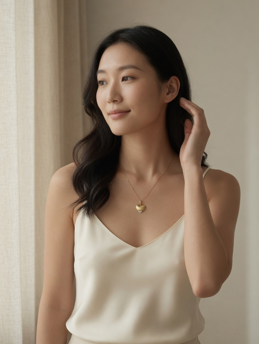 CARV. gold shell pendant necklace worn at collarbone