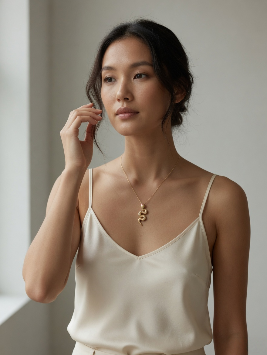 CARV. gold snake pendant necklace styled on neckline with sculptural serpent charm