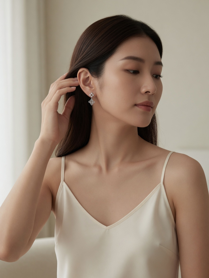 CARV. silver clover drop earrings worn on ear