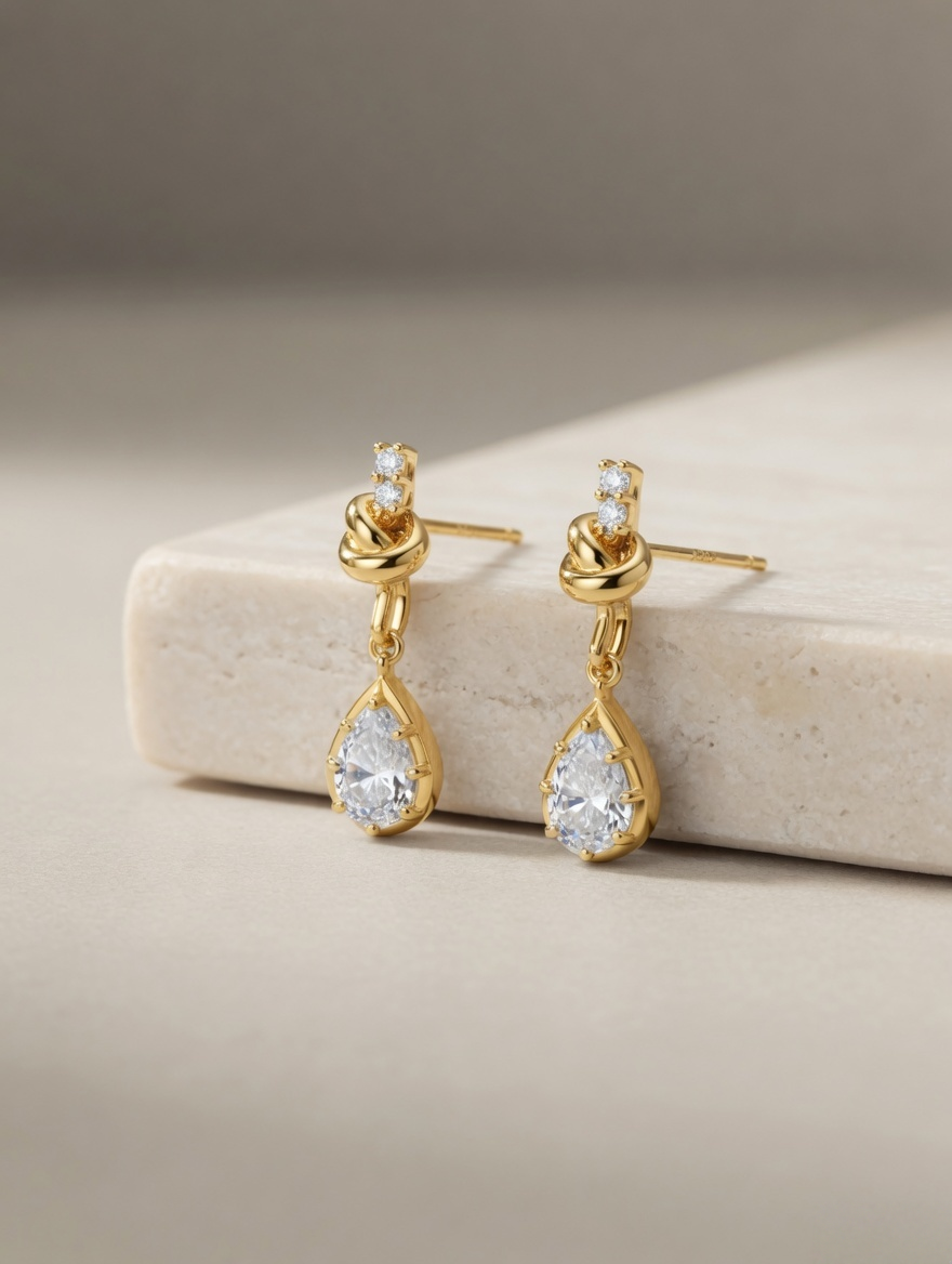 CARV. gold bow knot drop earrings with pear-cut clear stones displayed on a stone surface