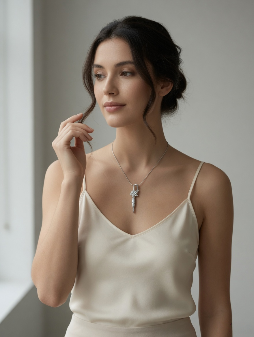 CARV. silver parasol pendant necklace worn at collarbone with crystal drop pendant