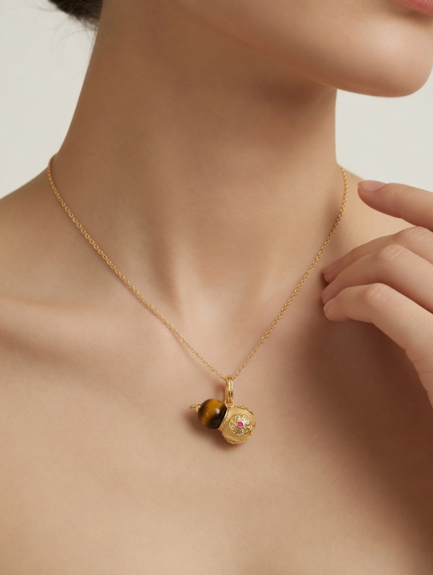 CARV. gold tiger eye gourd pendant necklace worn at collarbone with fine chain detail