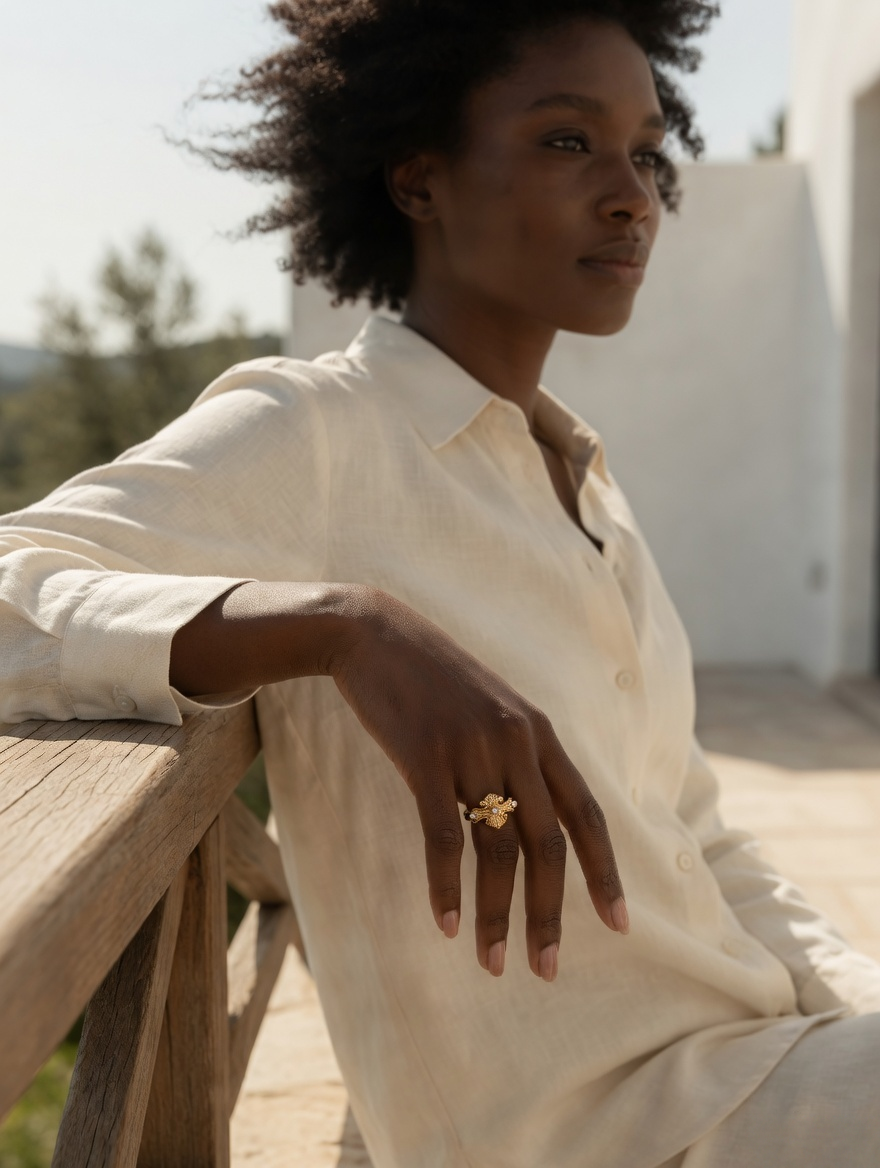 CARV. gold vine ring worn on hand with curved vine shape and pavé stone detail