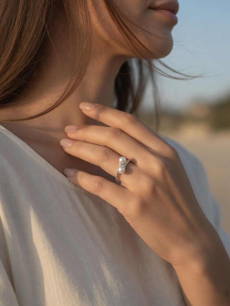 CARV. silver pearl twist ring worn on hand with double pearl detail and silver twisted band