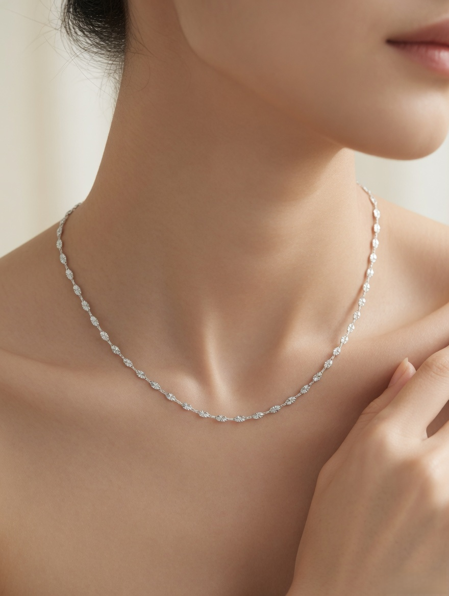 CARV. silver facet single chain necklace with elongated faceted links worn on neck