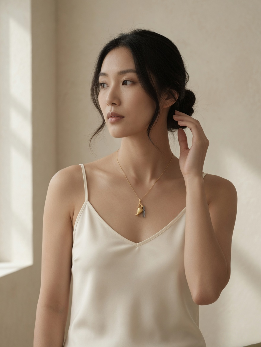 CARV. two-tone ewer pendant necklace with gold vessel pendant and silver tassel worn at collarbone