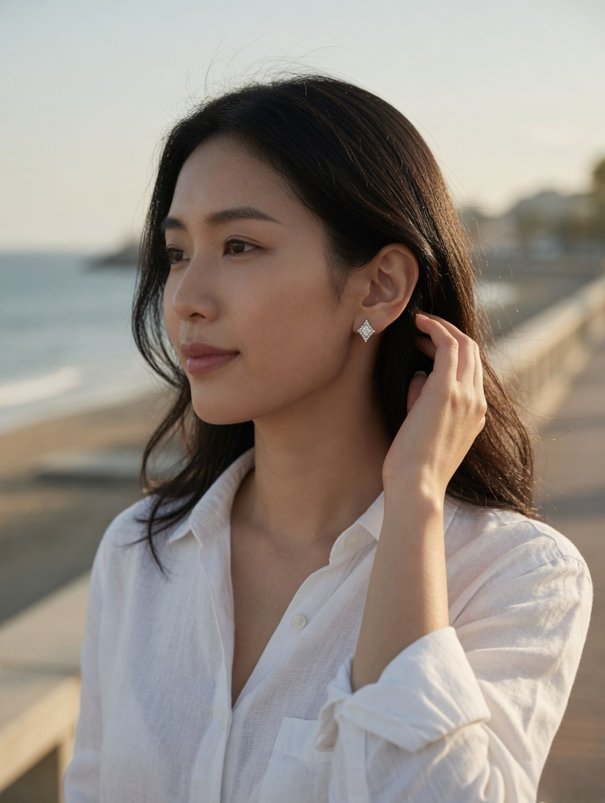 CARV. silver diamond lattice stud earrings with pavé border worn on ear