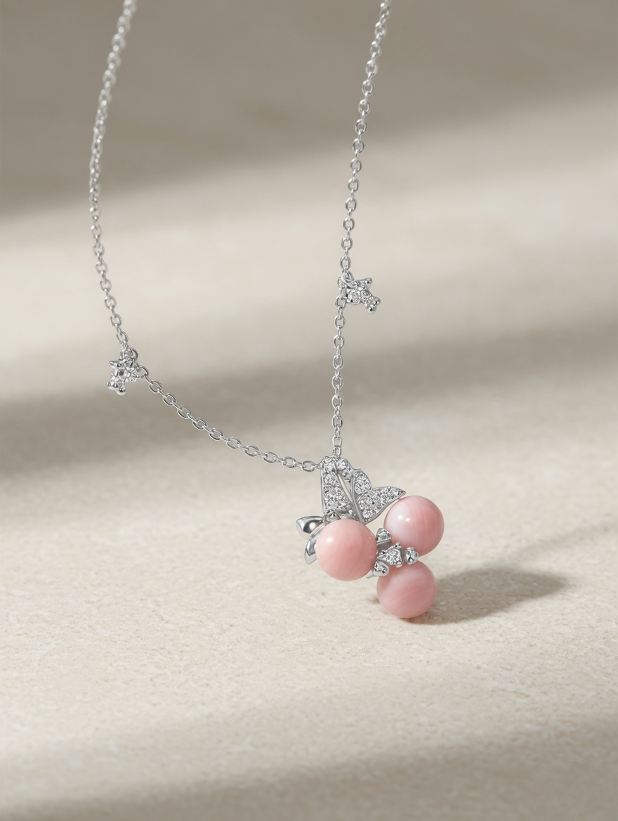 CARV. silver pink berry cluster necklace with pink bead drops, crystal bow detail and fine chain clasp