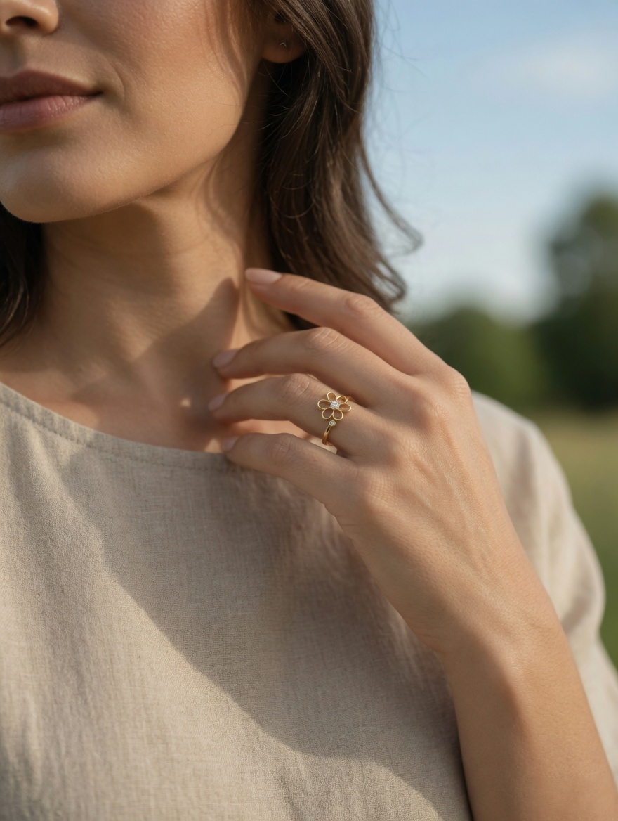 CARV. gold daisy flower ring with crystal center and open petal design worn on hand