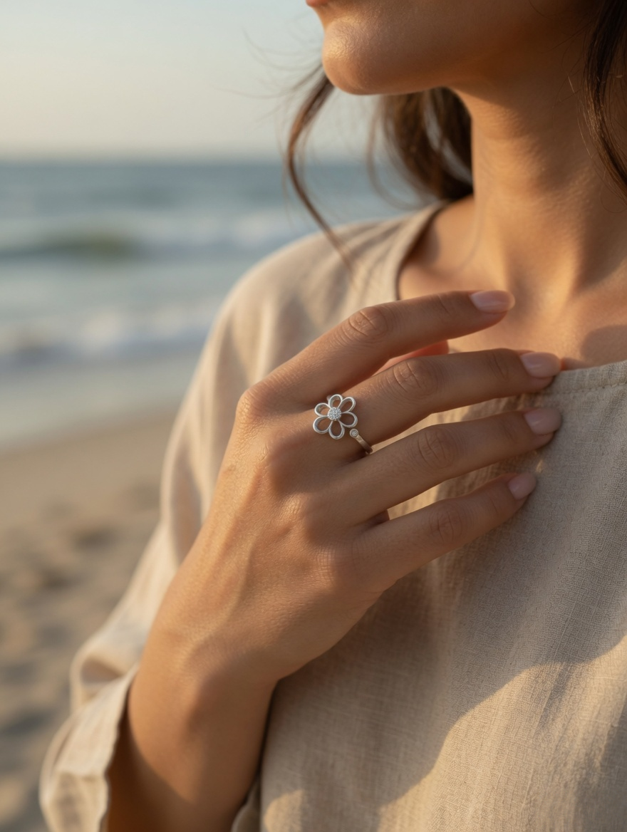 CARV. silver daisy flower ring with crystal center and open petal design worn on hand