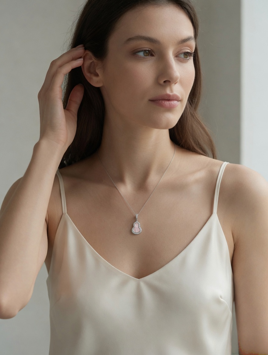 CARV. silver pink gourd pendant necklace styled on neckline with gourd-shaped charm and fine chain