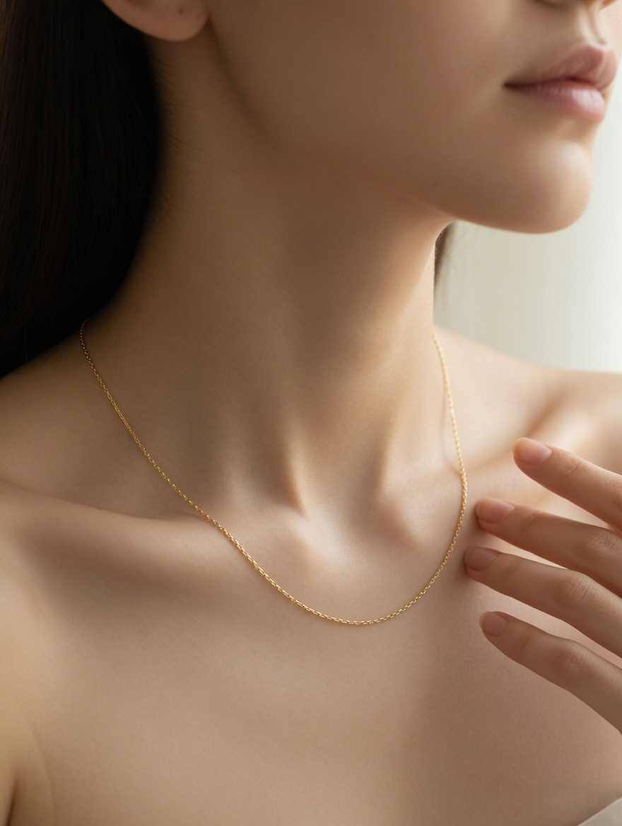 CARV. gold single chain necklace worn at collarbone with a fine minimalist chain