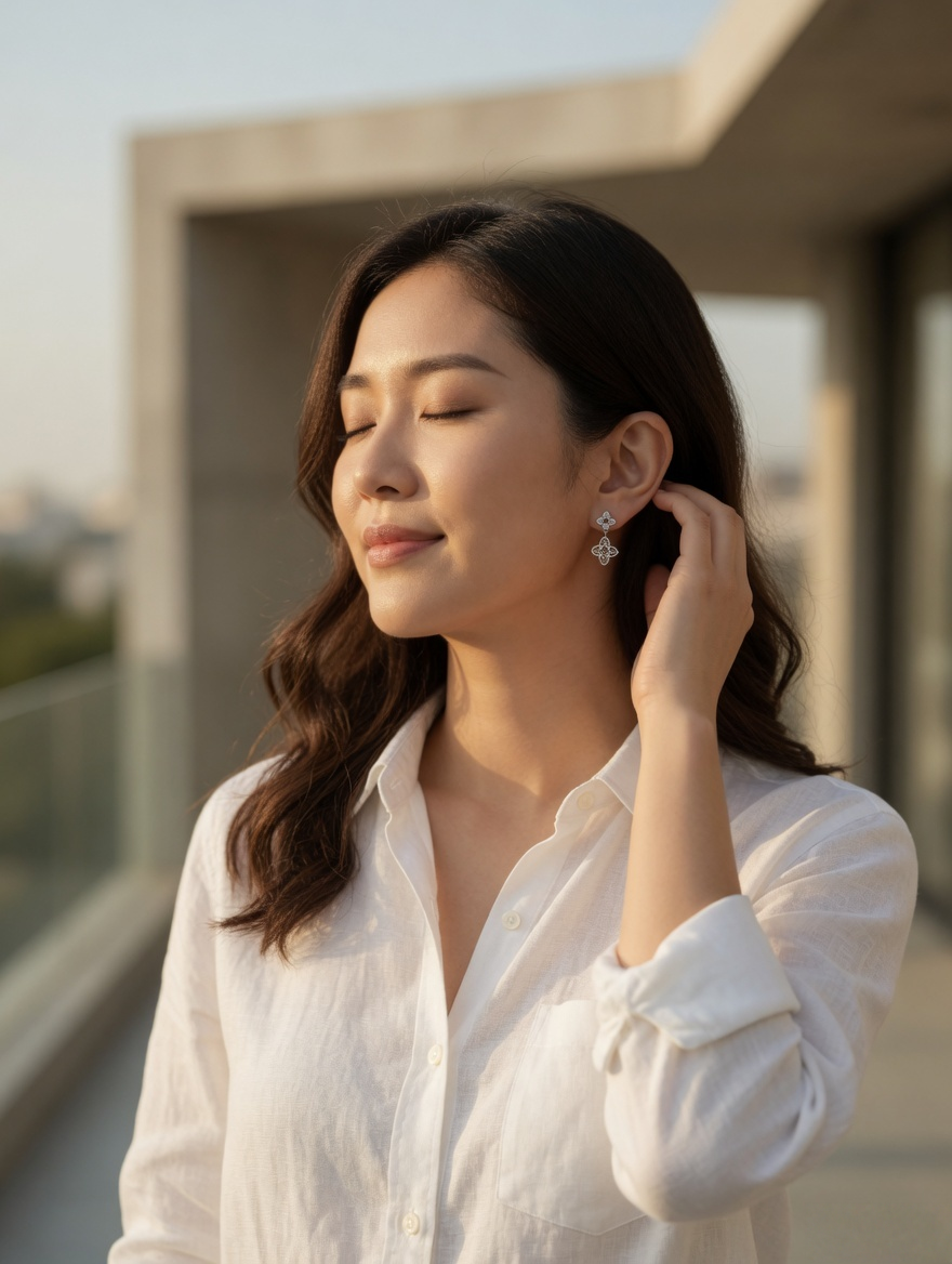 CARV. silver clover drop earrings worn on ear