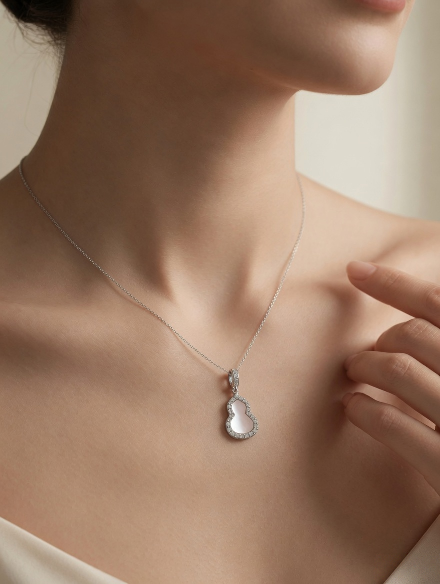 CARV. silver pink gourd pendant necklace worn at collarbone with pale pink stone and pavé edge