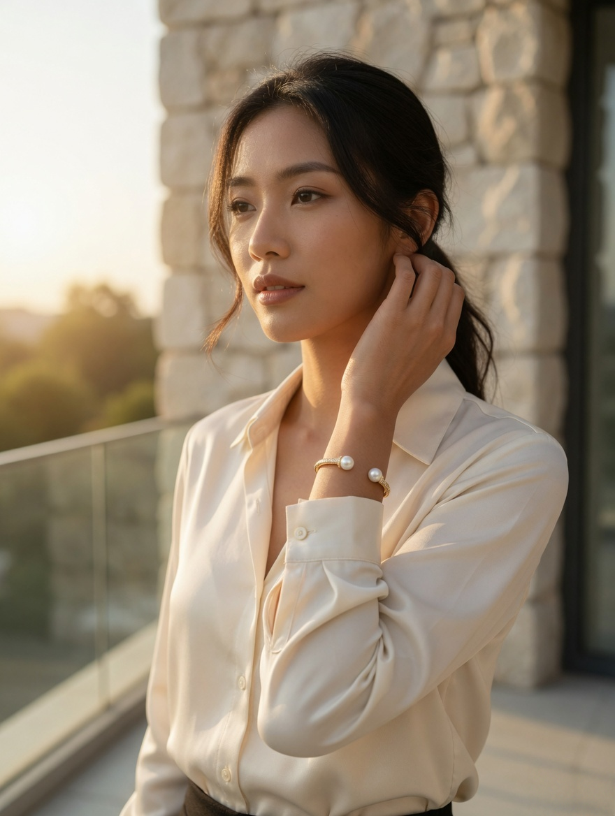 CARV. gold pearl open cuff bangle worn on wrist