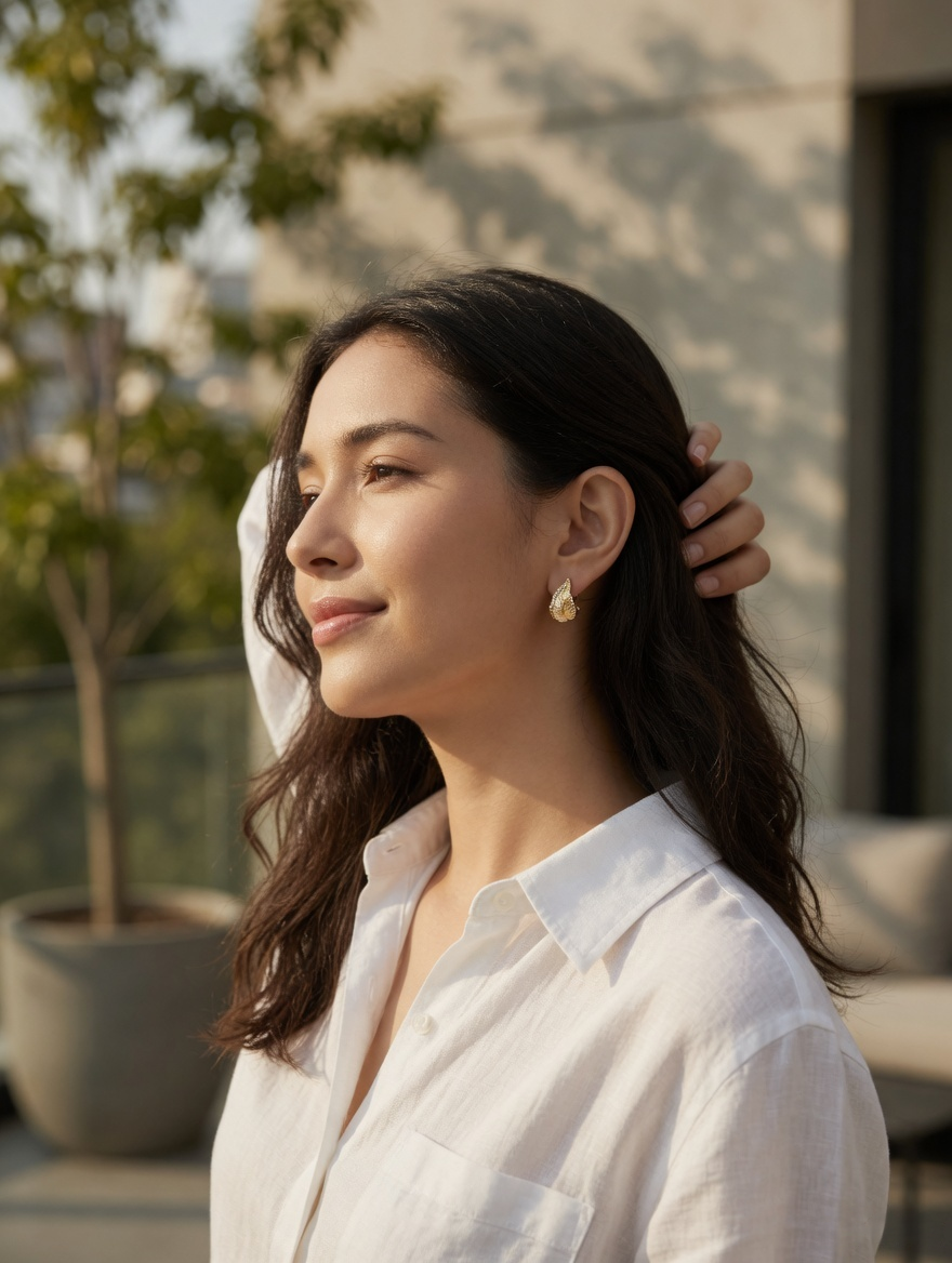 CARV. gold leaf stud earrings with pavé detail worn on ear