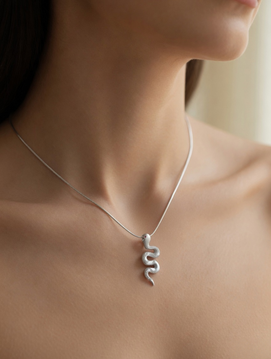 CARV. silver snake pendant necklace worn at collarbone with sculptural serpent pendant
