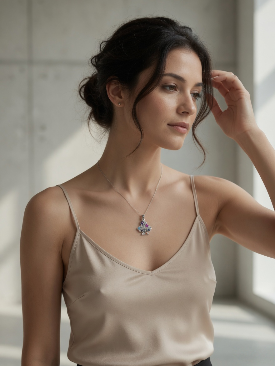 CARV. silver club pendant necklace styled on neckline with silver club charm and coloured stone accents