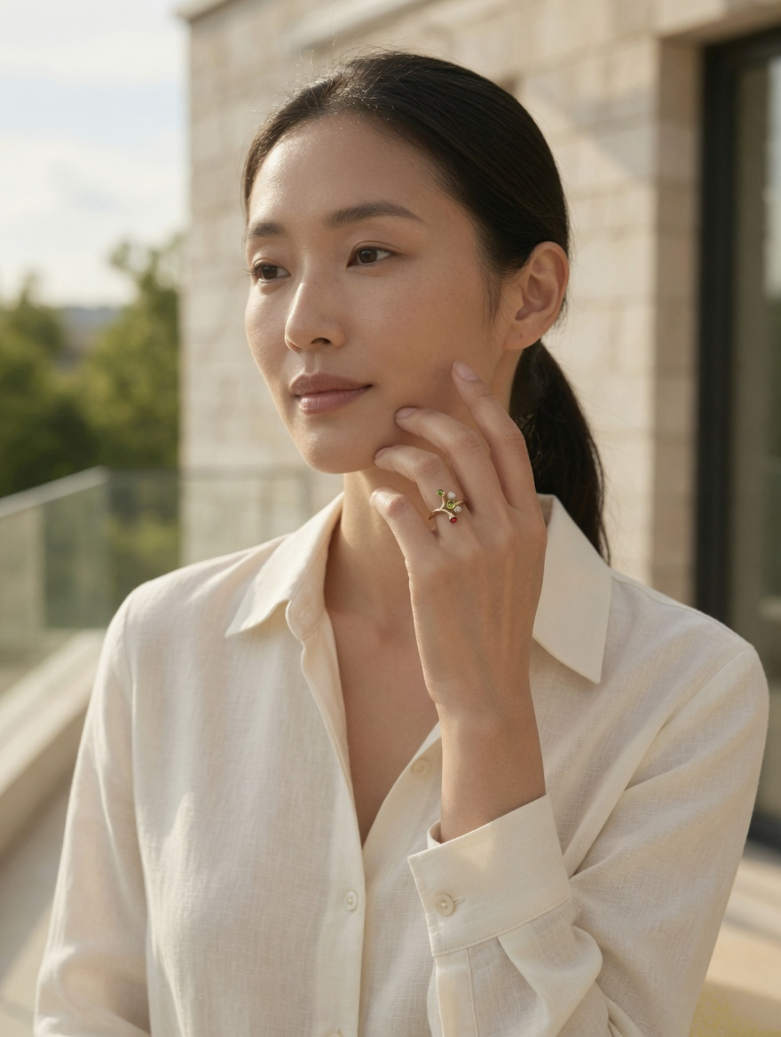 CARV. gold multi-stone open ring worn with a white shirt for polished everyday styling