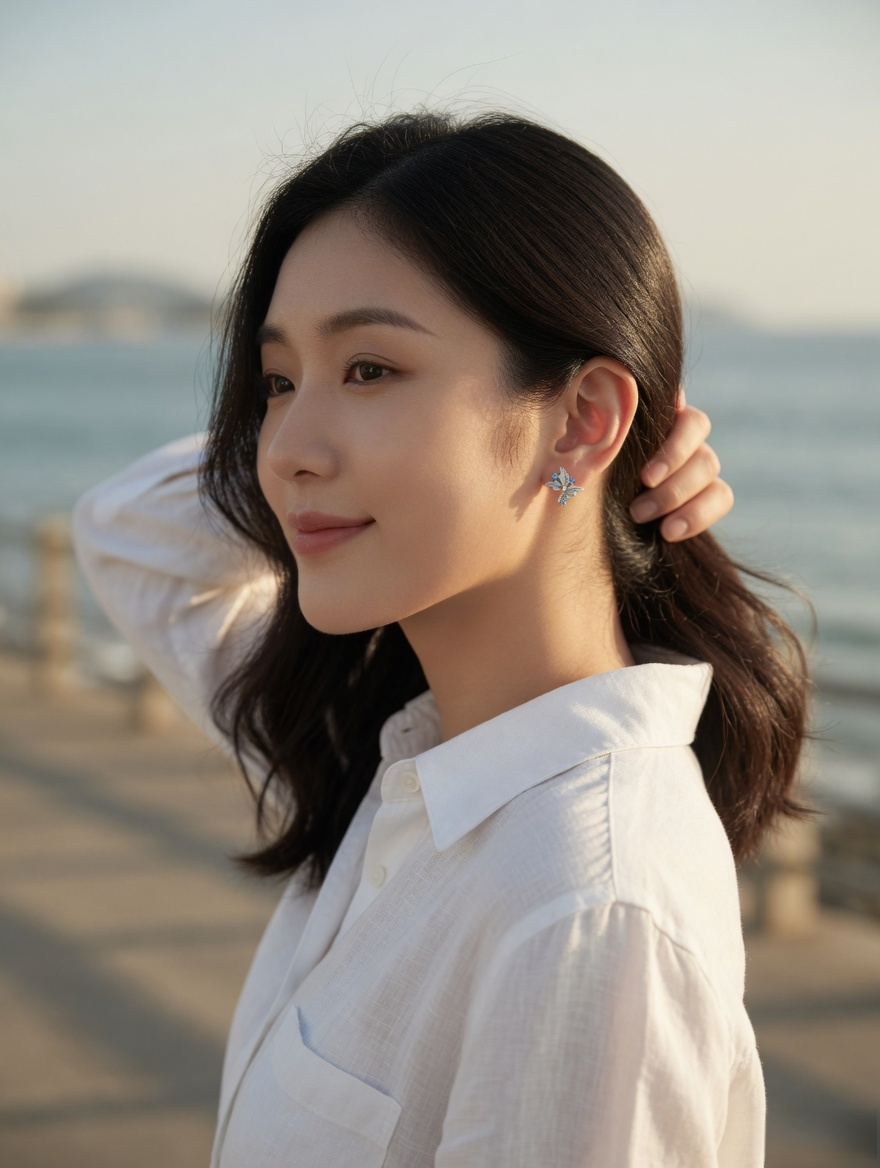 CARV. silver turquoise floral stud earrings worn on ear