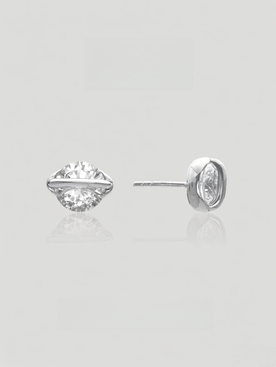CARV. silver round crystal orbit stud earrings with large clear crystal and orbit bar detail