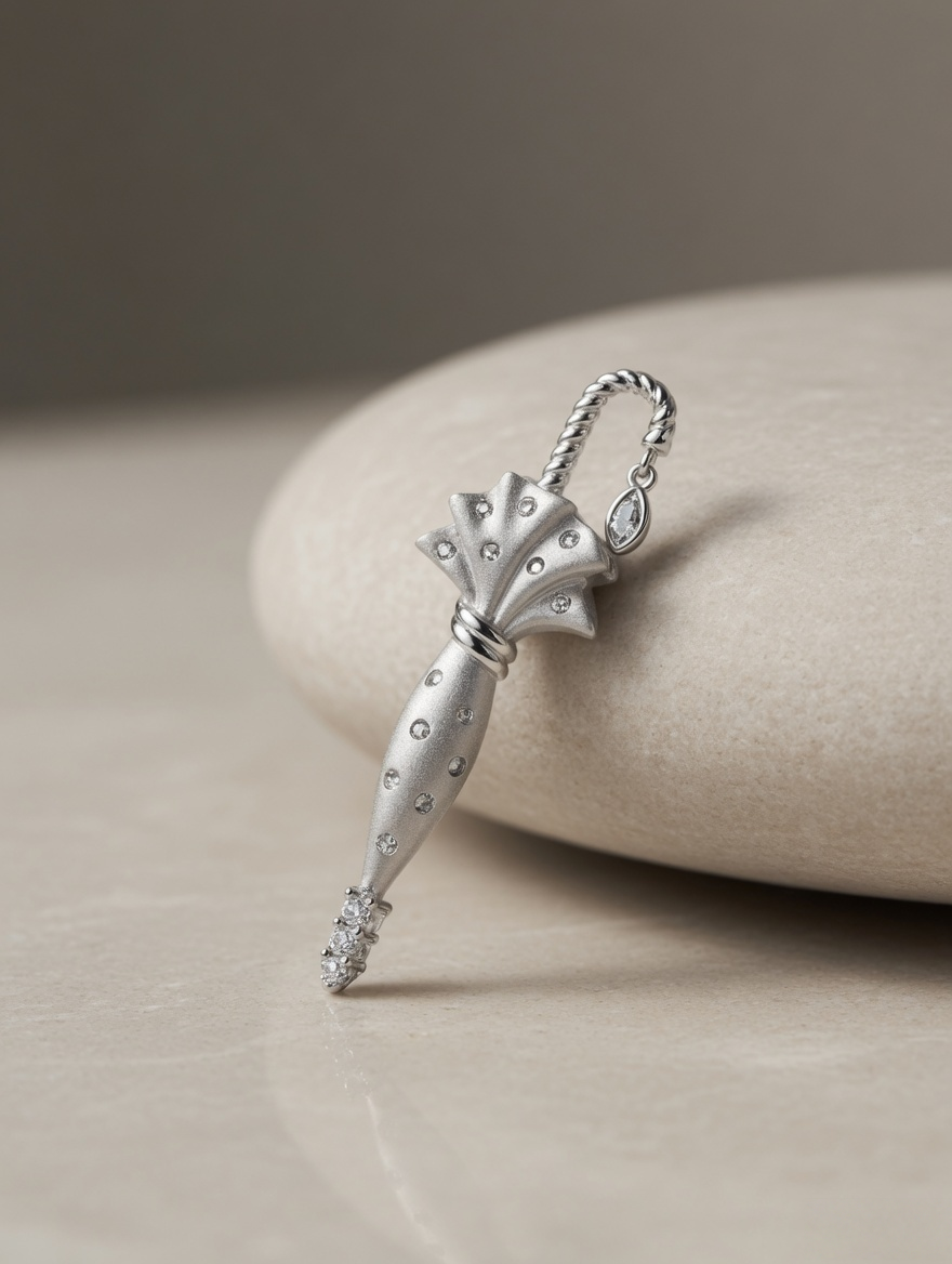 CARV. silver parasol pendant necklace with pavé parasol pendant and crystal drop display