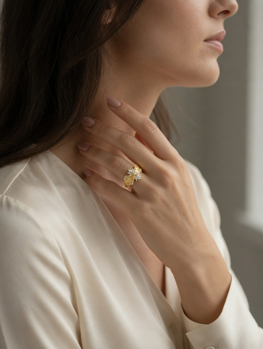 CARV. gold floral statement ring with crystal cluster and polished band worn on hand