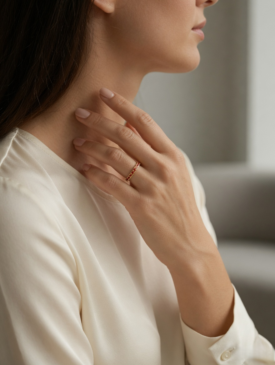 CARV. gold red stone band ring styled on finger with delicate slim band and red stone detail
