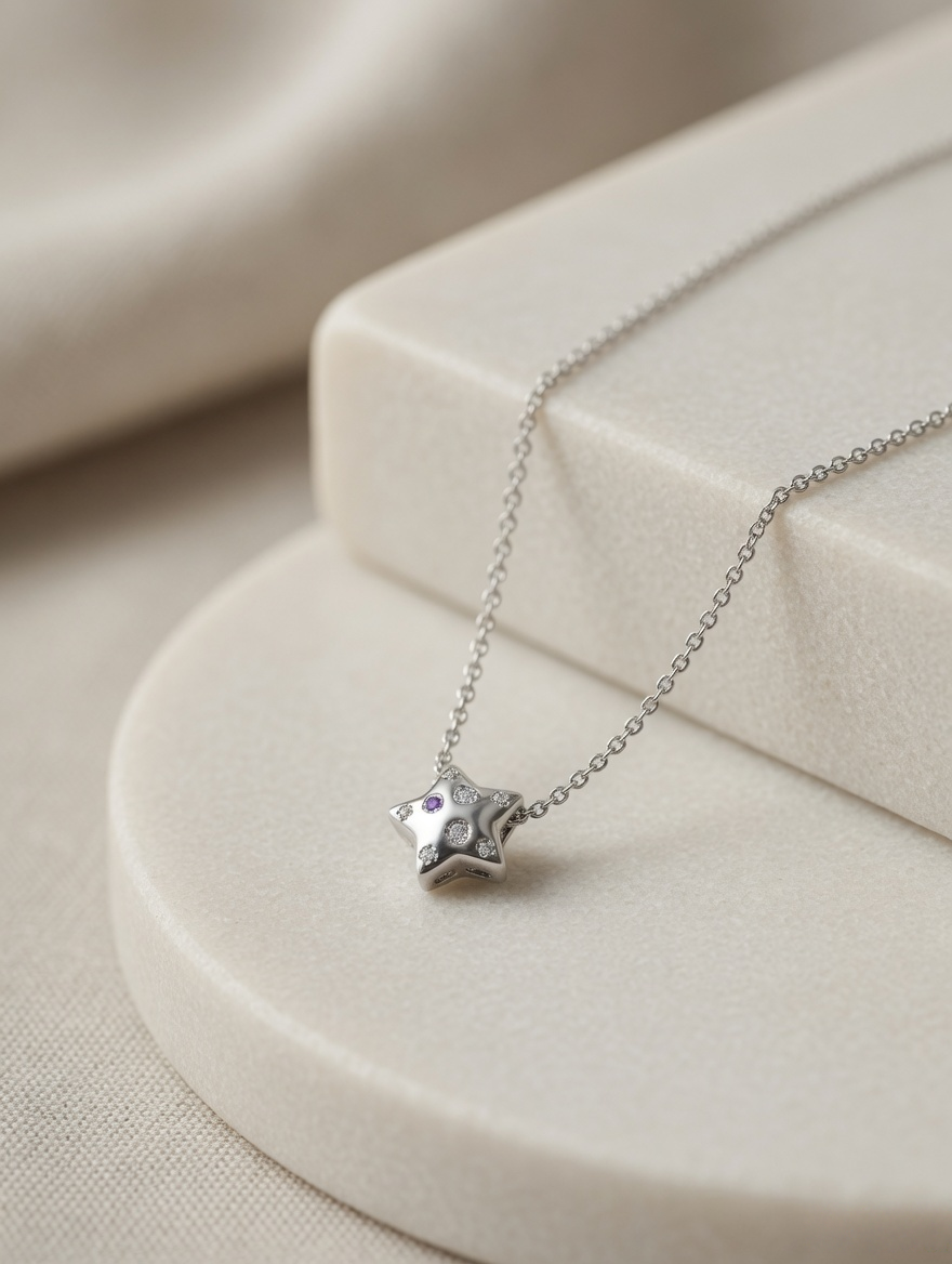 CARV. silver star zircon pendant necklace with fine chain and close-up star charm detail