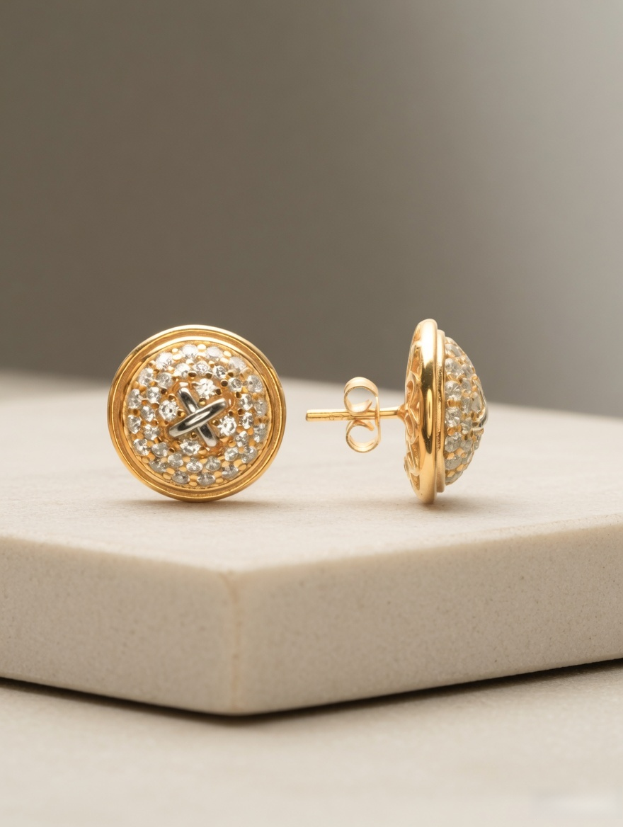 CARV. gold round pavé stud earrings with crystal pavé surface on display