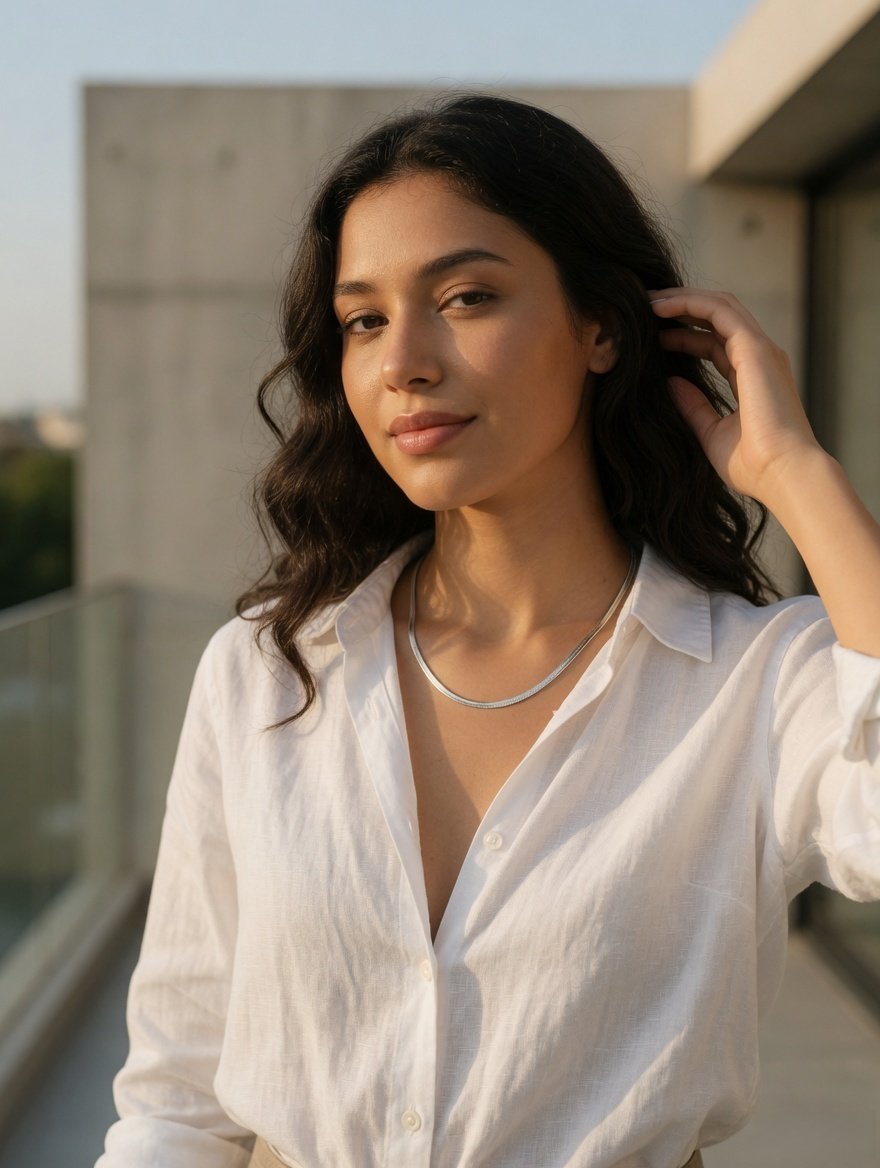 CARV. silver silk snake chain necklace worn on neck