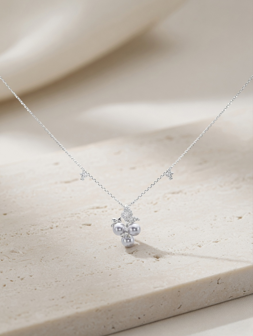 CARV. silver pearl cluster necklace with clustered pearl pendant and star chain detail displayed on beige surface