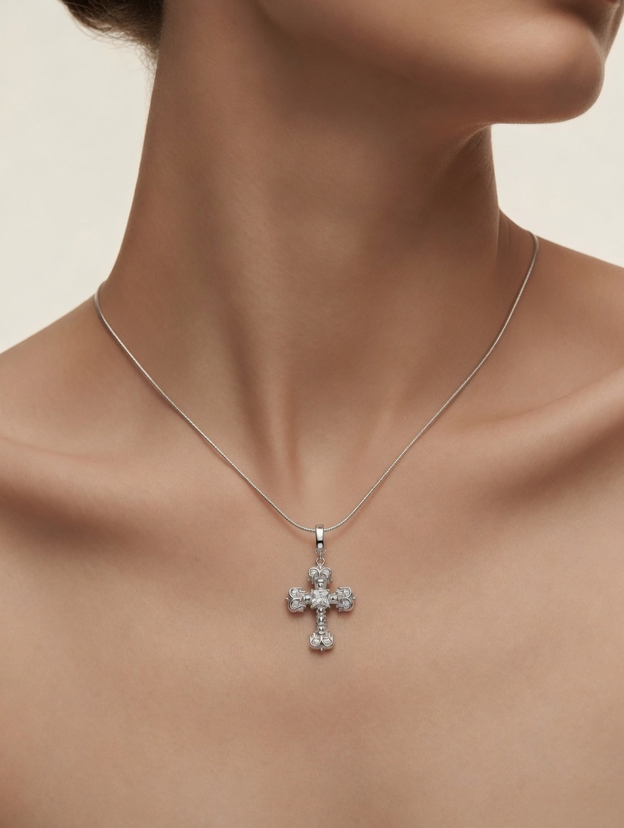 CARV. silver crystal cross pendant necklace worn on neck close-up