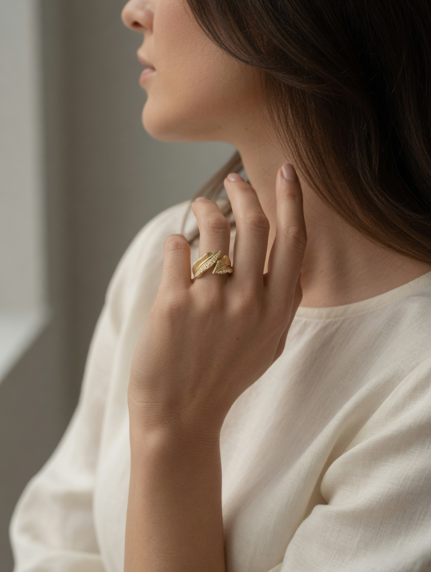 CARV. gold leaf open ring styled on finger with sculptural open band and leaf detail