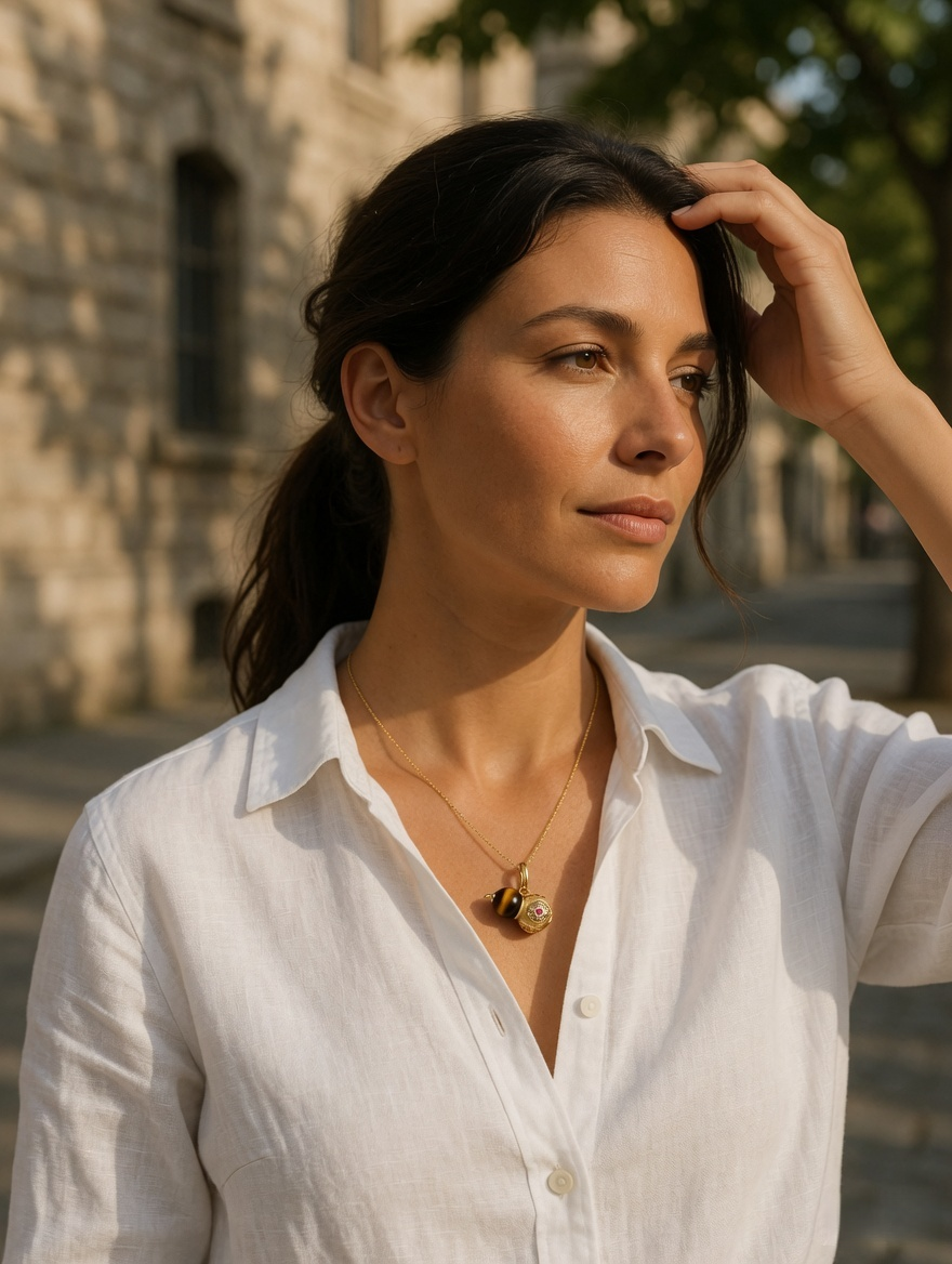 CARV. gold tiger eye gourd pendant necklace shown on neckline with carved charm detail