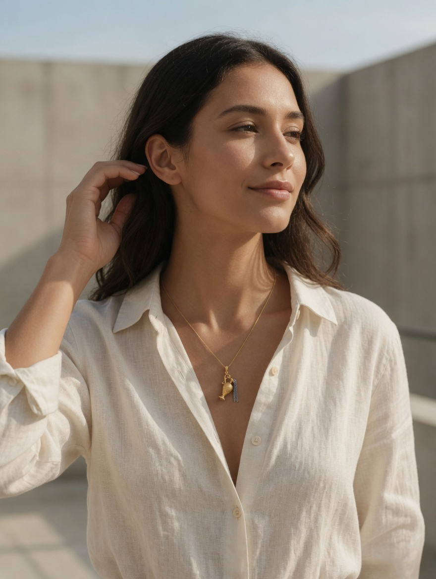 CARV. two-tone ewer pendant necklace with textured gold vessel charm and silver tassel worn at collarbone