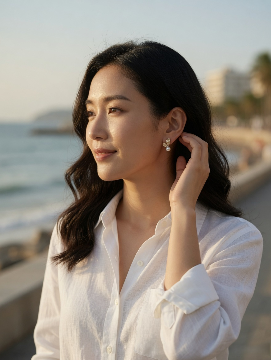CARV. gold pearl floral stud earrings worn on ear with pavé petal detail and pearl drop